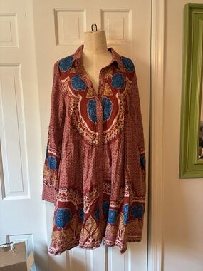 Free People Red Floral Border Print Dress with Blue Accents